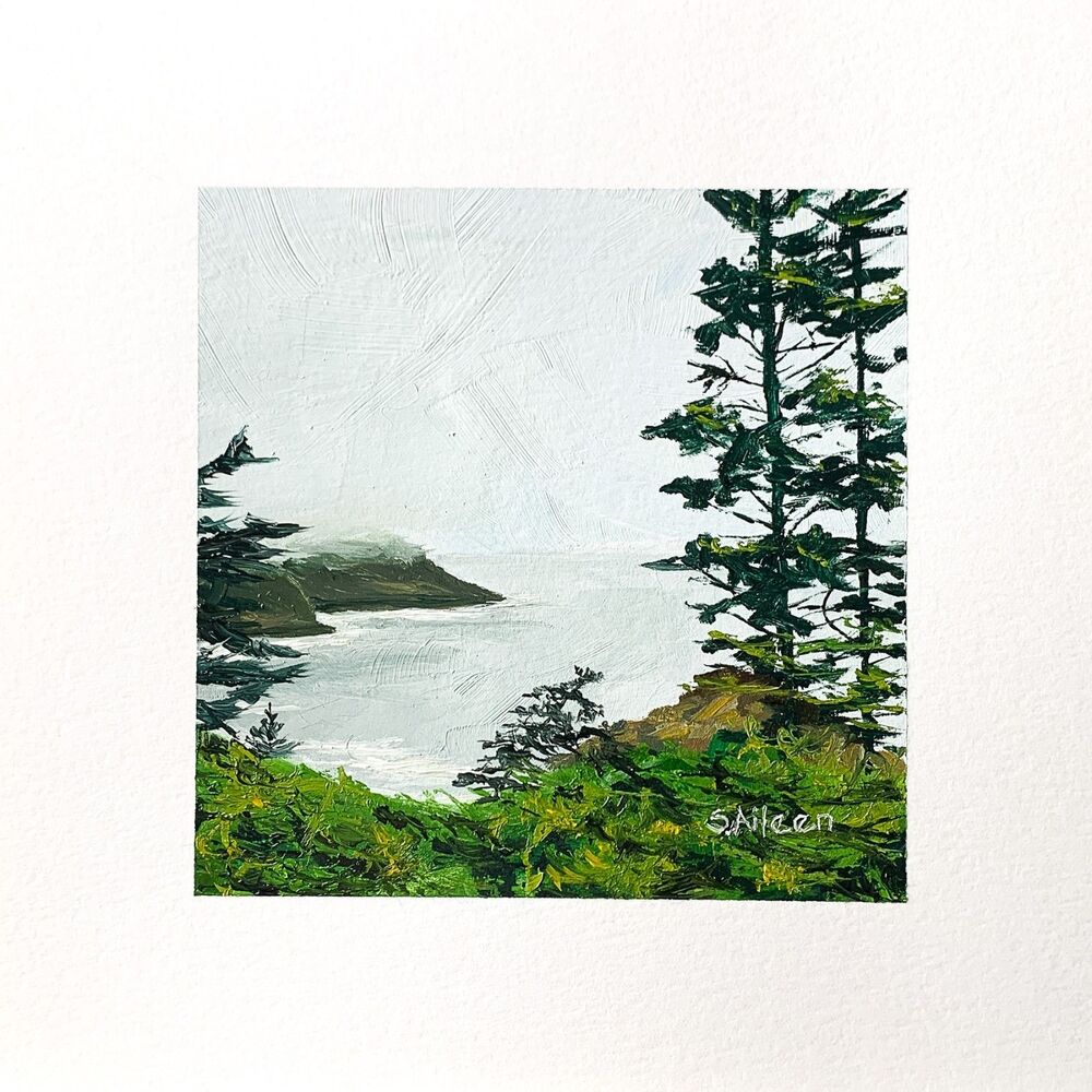 8x8 PNW Original Oil Painting Oregon Seascape Coastal Ocean Moody Gray Signed